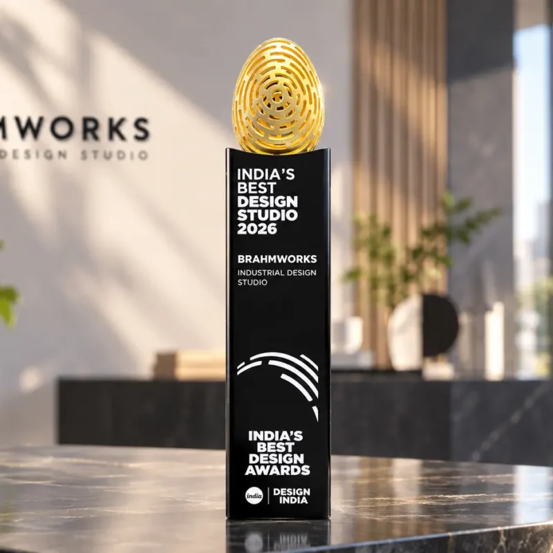 India's Best Design Studio 2026 trophy awarded to BrahmWorks displayed inside the industrial design studio