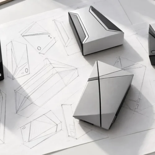 Concept models arranged on technical drawings