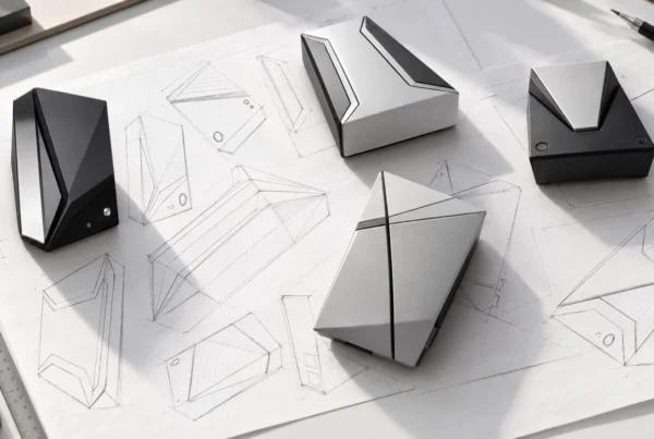 Concept models arranged on technical drawings