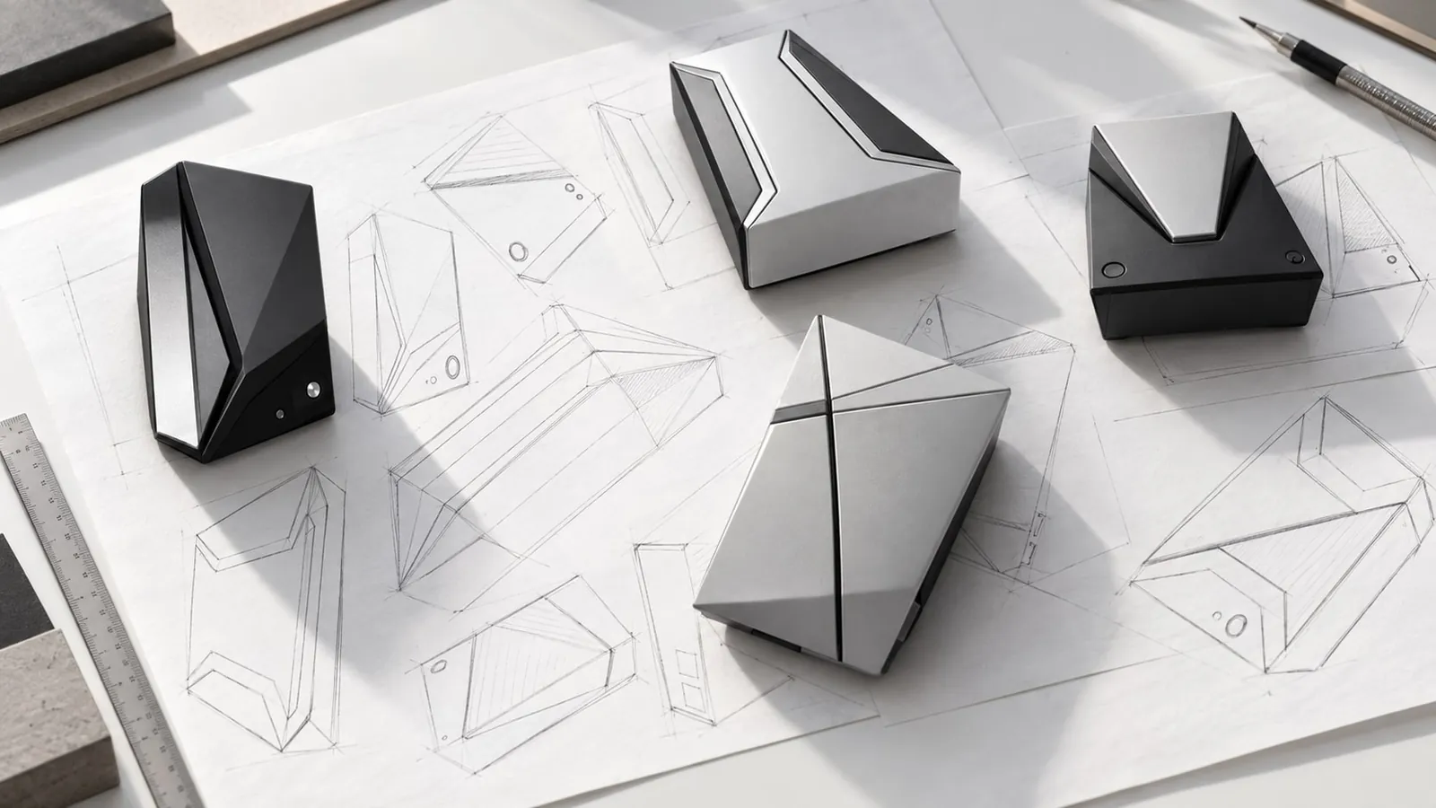 Concept models arranged on technical drawings