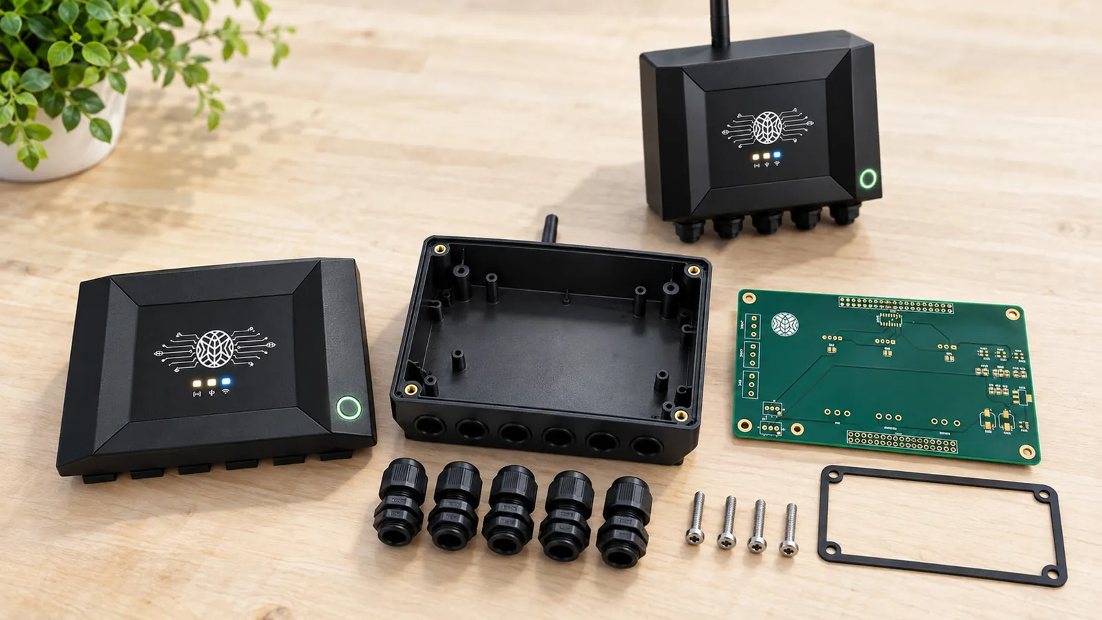 Exploded enclosure with a printed circuit board.