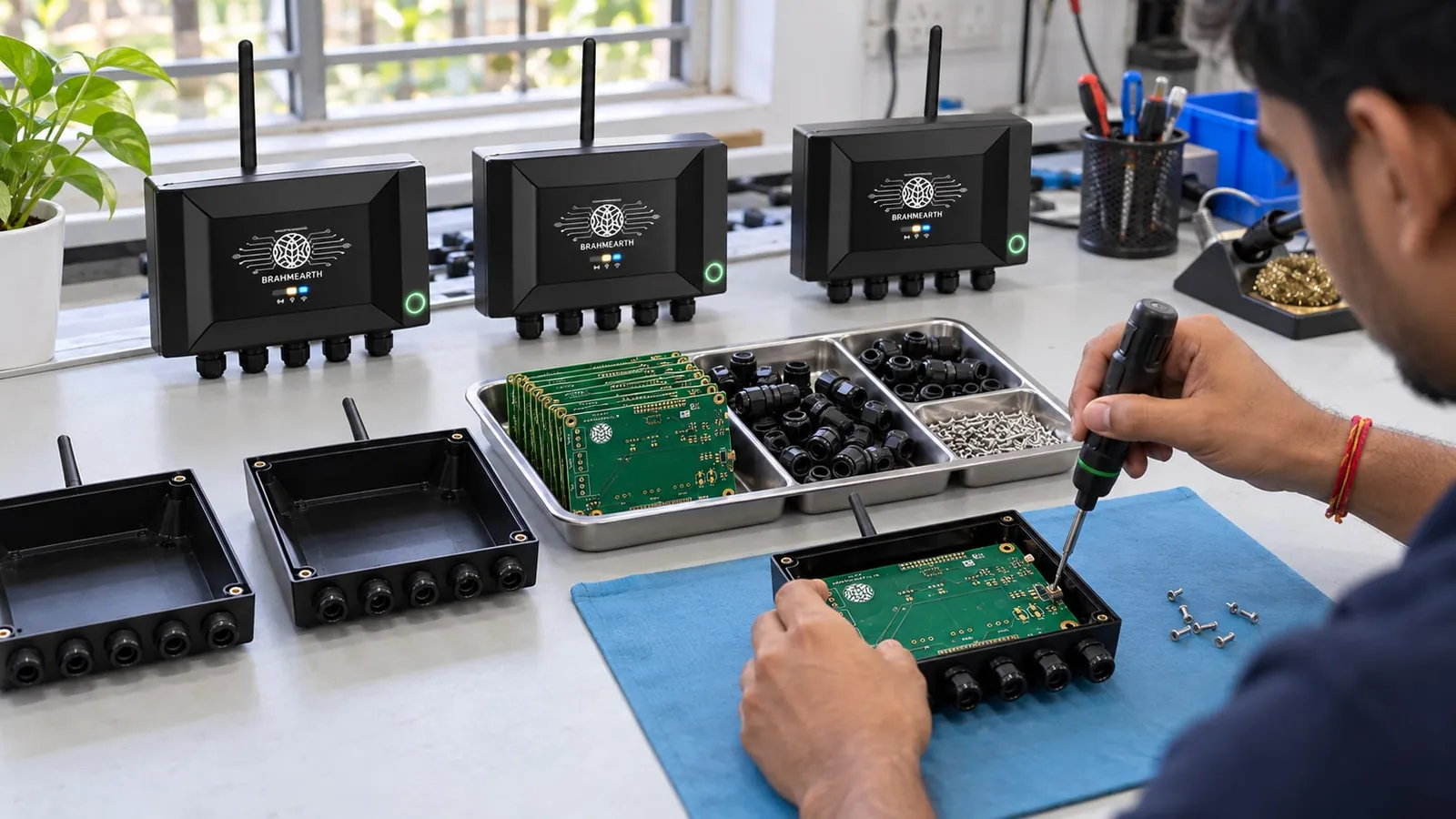 BrahmEarth assembly components on a workbench.