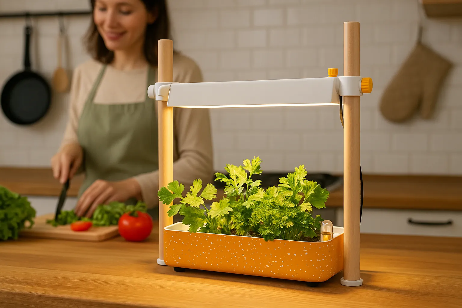 Indoor kitchen planter with fresh herbs under an overhead grow light on a countertop