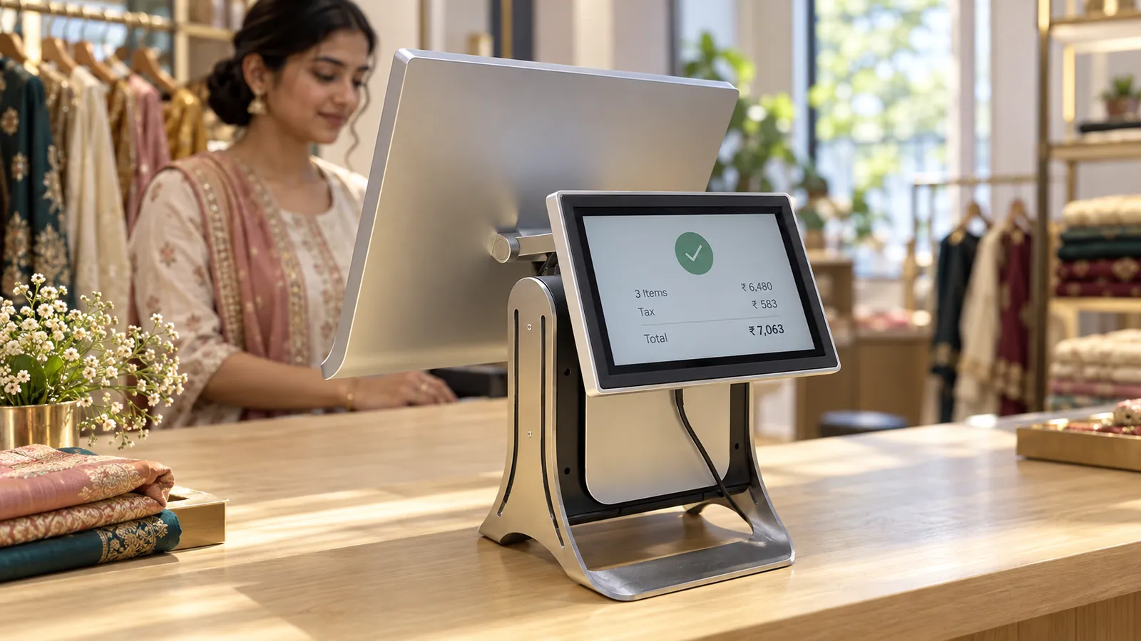 Countertop retail terminal with a touchscreen on a shop counter