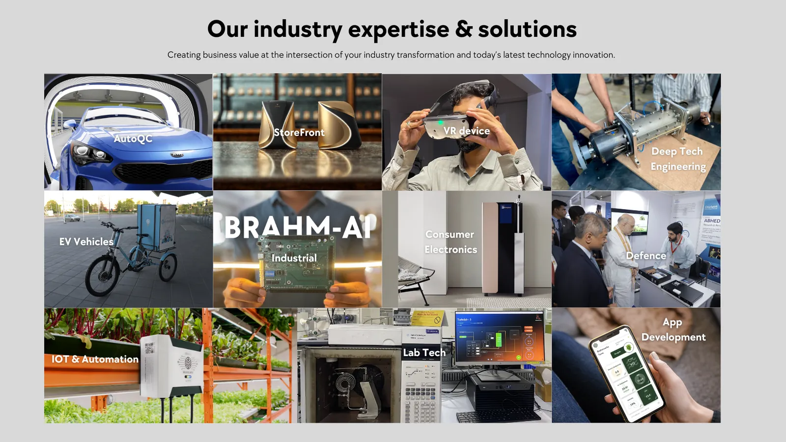 Grid of BrahmWorks industry project images titled Our industry expertise and solutions