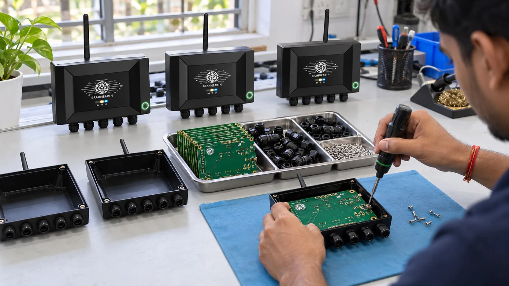 A person assembling a BrahmEarth board into a black enclosure, with finished nodes, cable glands, screws and stacked boards on the bench.