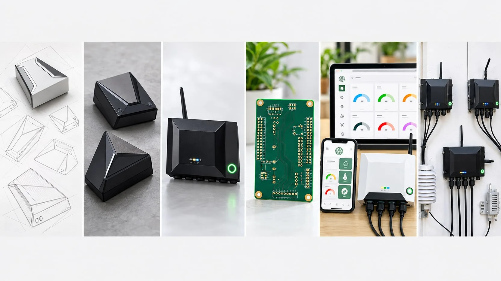 A strip from enclosure sketches and models, to a connected node, a circuit board, a phone and tablet beside a white unit, and wall-mounted nodes.