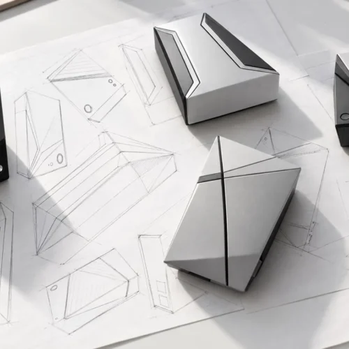 Four enclosure models, black and silver, sitting on pencil sketches of the same forms.