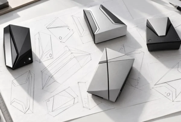 Four enclosure models, black and silver, sitting on pencil sketches of the same forms.