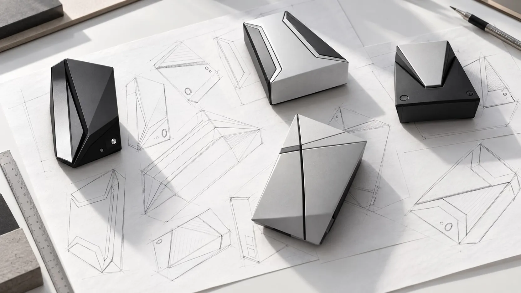 Four enclosure models, black and silver, sitting on pencil sketches of the same forms.