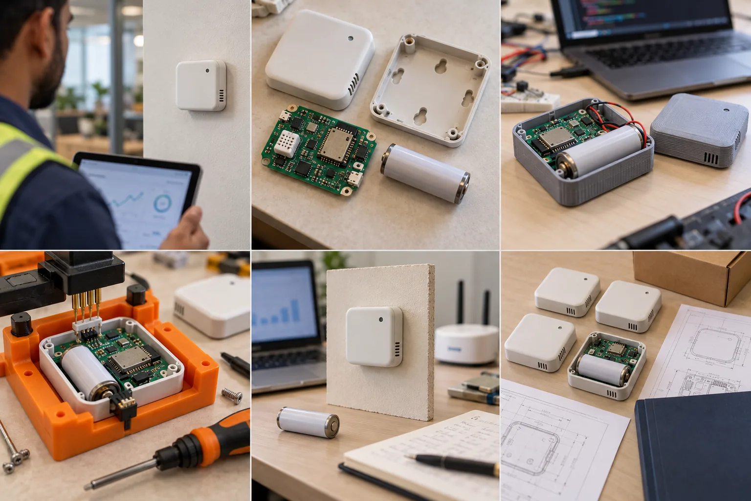 Six scenes of a sensor product: dashboard review, parts laid out, a cell in a printed shell, a programming fixture, a unit on plasterboard near a router, and units with drawings.