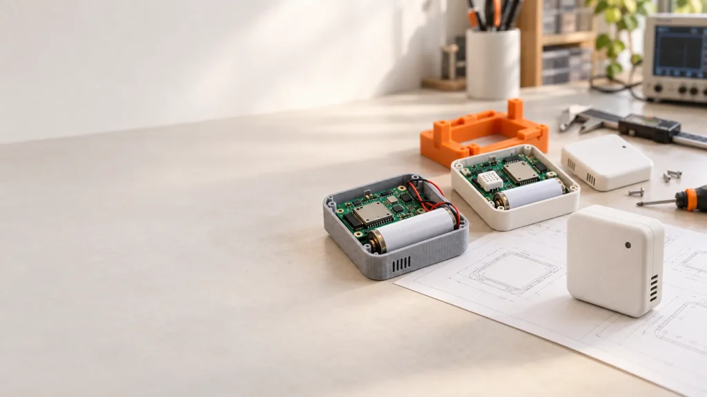 Sensor prototypes on a bench, including a printed shell with a cell, an open white enclosure, a closed unit, and a drawing.