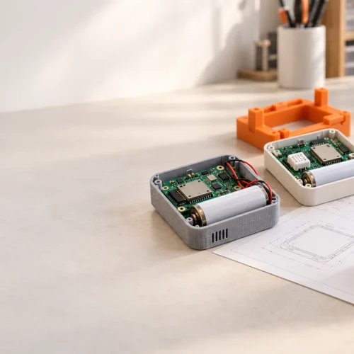 Sensor prototypes on a bench, including a printed shell with a cell, an open white enclosure, a closed unit, and a drawing.