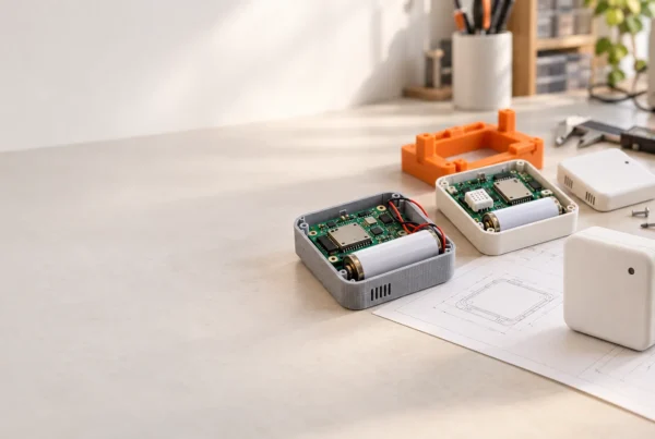 Sensor prototypes on a bench, including a printed shell with a cell, an open white enclosure, a closed unit, and a drawing.