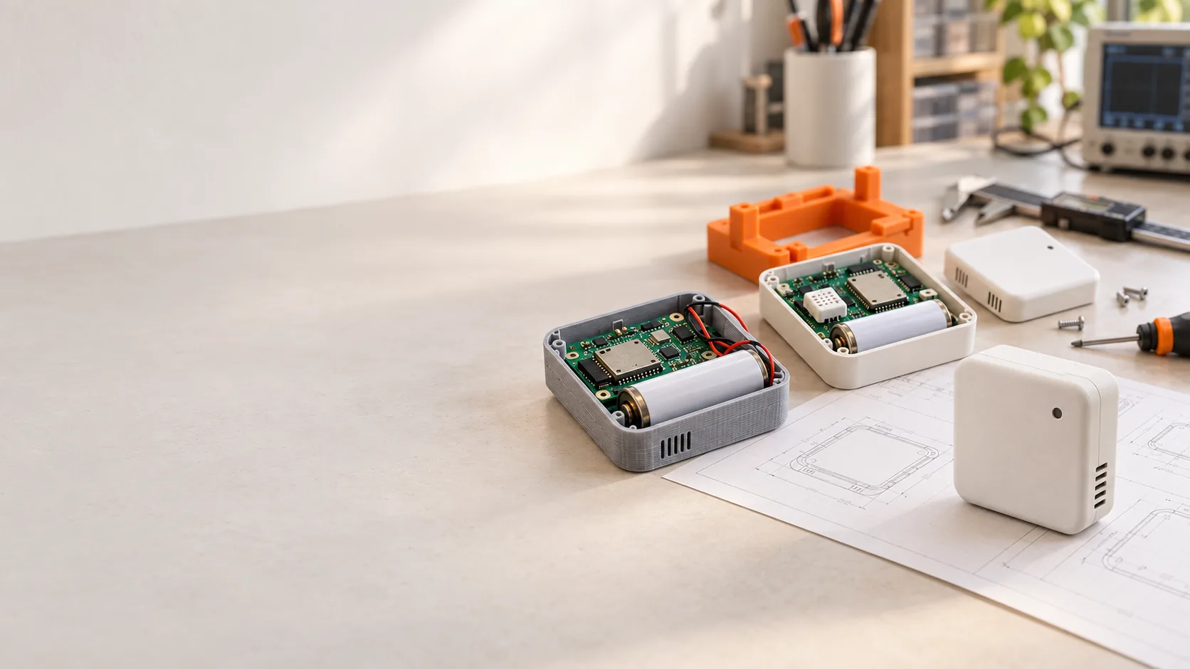 Sensor prototypes on a bench, including a printed shell with a cell, an open white enclosure, a closed unit, and a drawing.