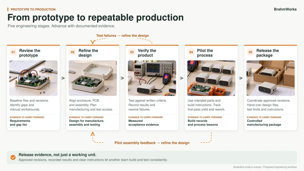 Five stages from reviewing a prototype to releasing a manufacturing package, with feedback from tests and pilot assembly.