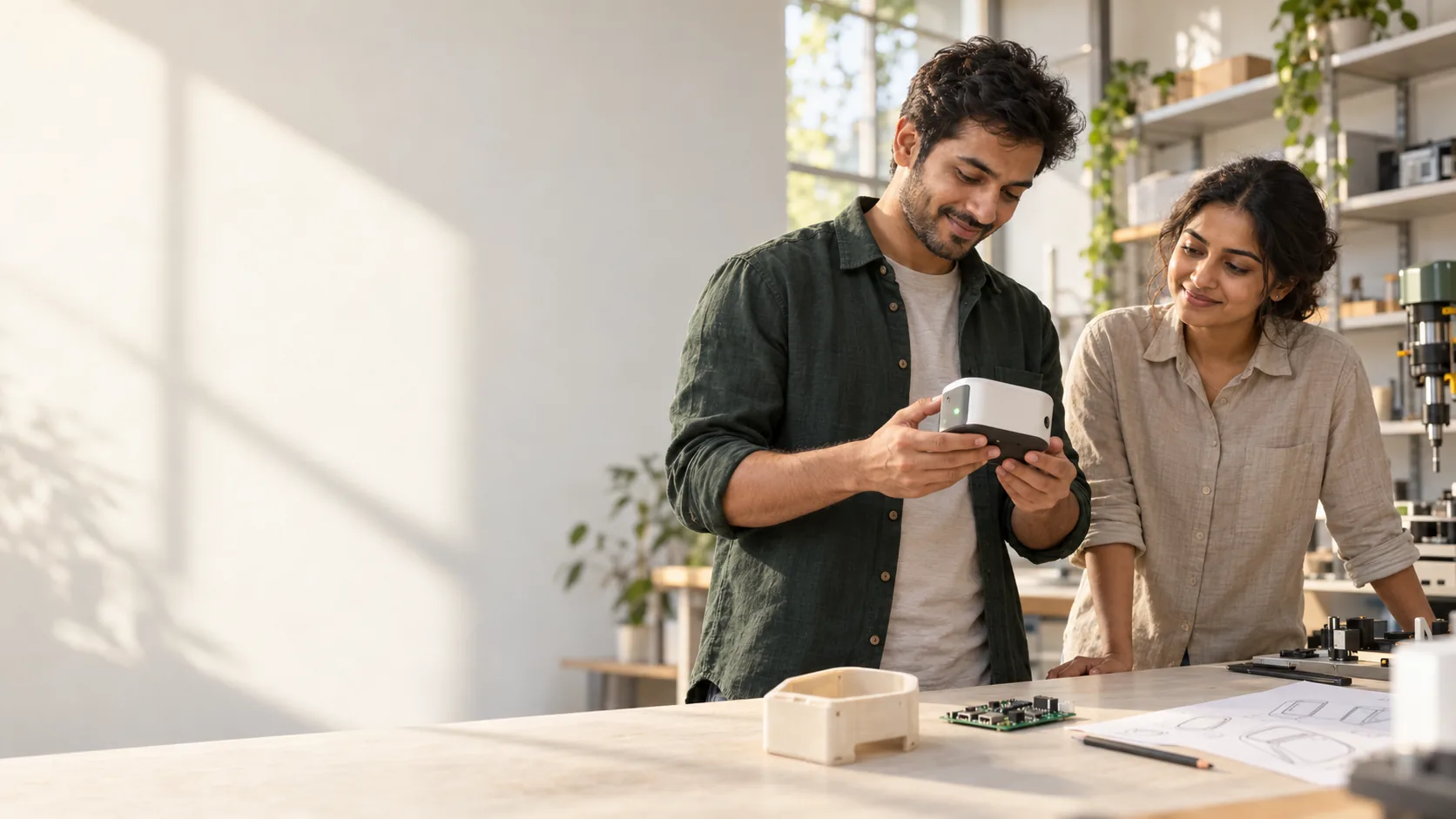 Two engineers review a white prototype device at a BrahmWorks studio workbench with a PCB and sketches